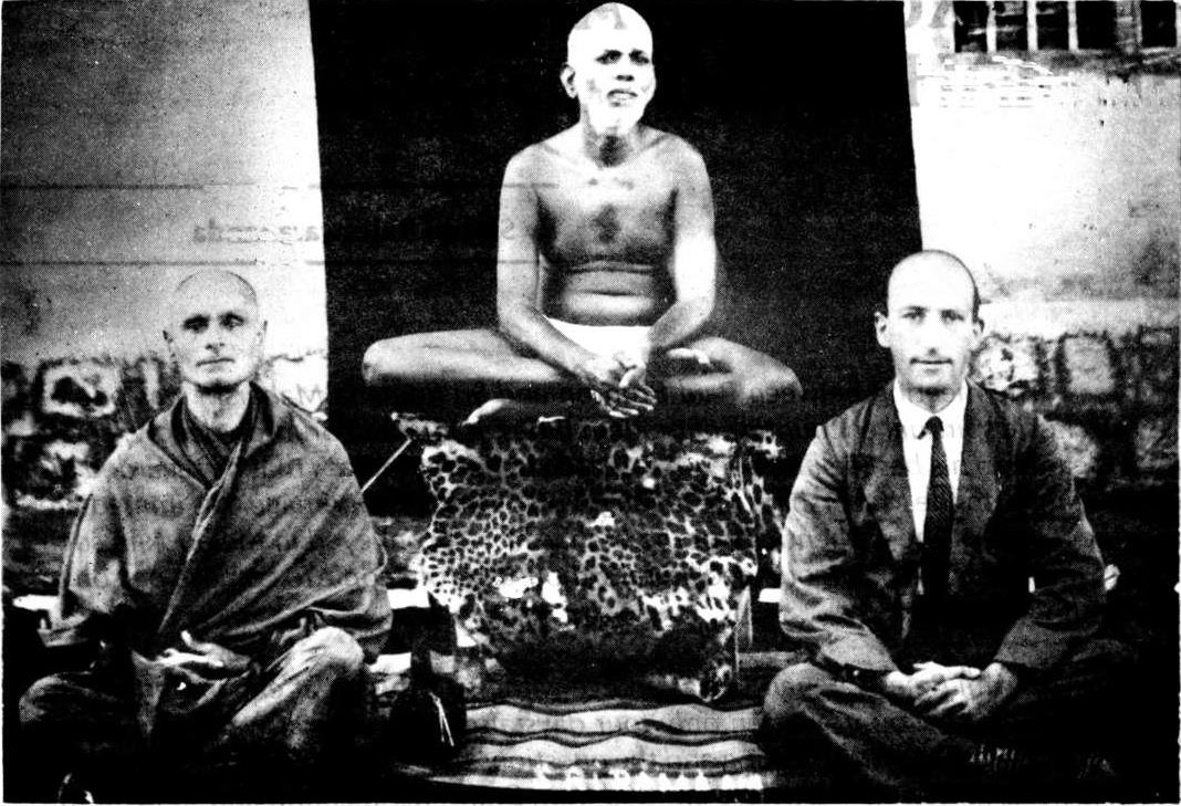 Photo of Swami Prajnananda, Ramana Maharshi, and Paul Brunton in 1930.