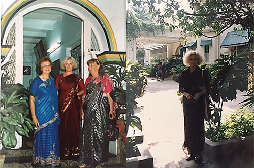 Photo of Australian devotees at the lobby entrance of the Bombay Ananda Bhavan Hotel, and the front garden taken from the terrace under the trees.